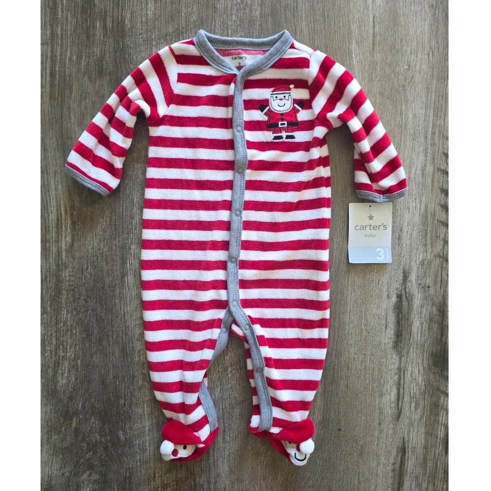 New Carters Baby 3 Months Christmas Sleep and Play 2 Pack Santa Striped Footed